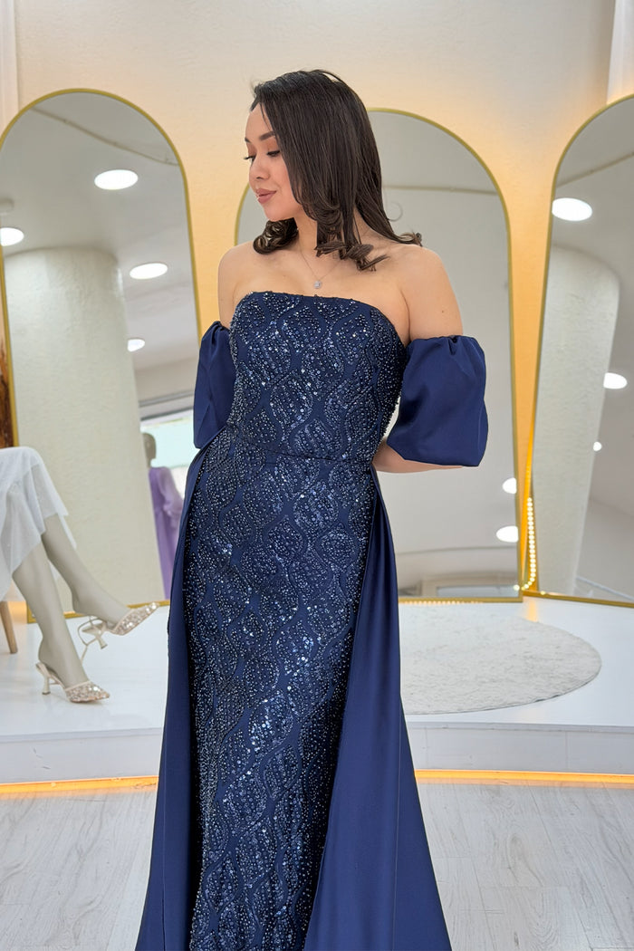 Kadın Lacivert Saten Kuyruklu Çıkarılabilir Kol Detaylı Abiye Elbise