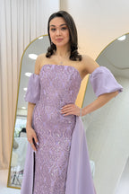 Kadın Lila Saten Kuyruklu Çıkarılabilir Kol Detaylı Abiye Elbise