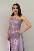 Kadın Lila Saten Kuyruklu Çıkarılabilir Kol Detaylı Abiye Elbise