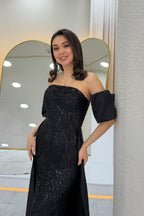 Kadın Siyah Saten Kuyruklu Çıkarılabilir Kol Detaylı Abiye Elbise