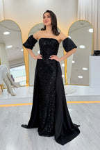 Kadın Siyah Saten Kuyruklu Çıkarılabilir Kol Detaylı Abiye Elbise