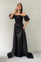 Kadın Siyah Saten Kuyruklu Çıkarılabilir Kol Detaylı Abiye Elbise