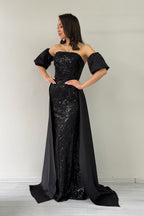 Kadın Siyah Saten Kuyruklu Çıkarılabilir Kol Detaylı Abiye Elbise