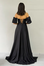 Kadın Siyah Saten Kuyruklu Çıkarılabilir Kol Detaylı Abiye Elbise