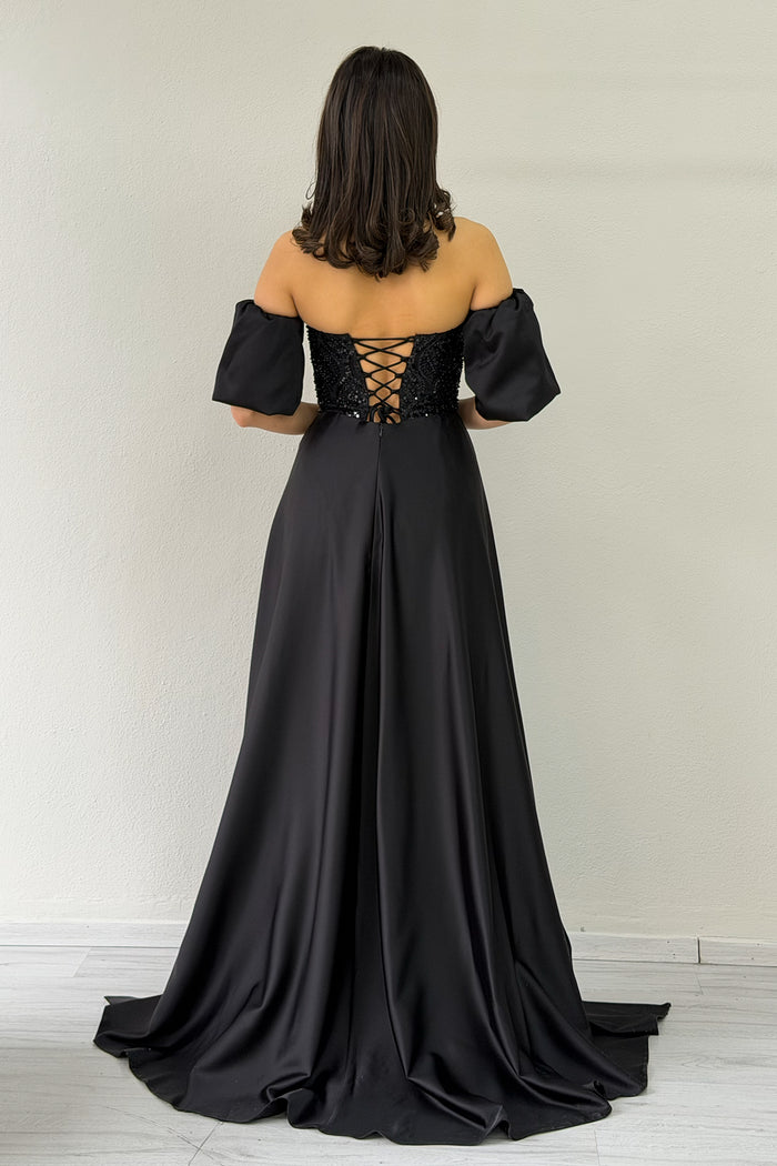 Kadın Siyah Saten Kuyruklu Çıkarılabilir Kol Detaylı Abiye Elbise