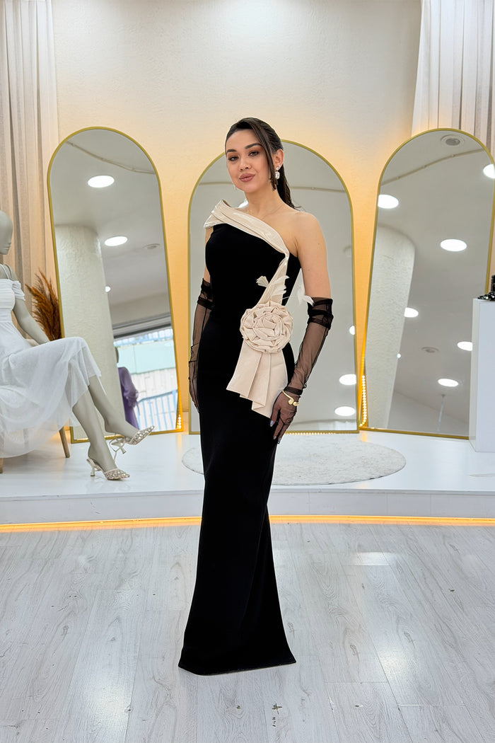 Kadın Tek Omuz Bej Şeritli Gül Detaylı Balık Abiye Elbise