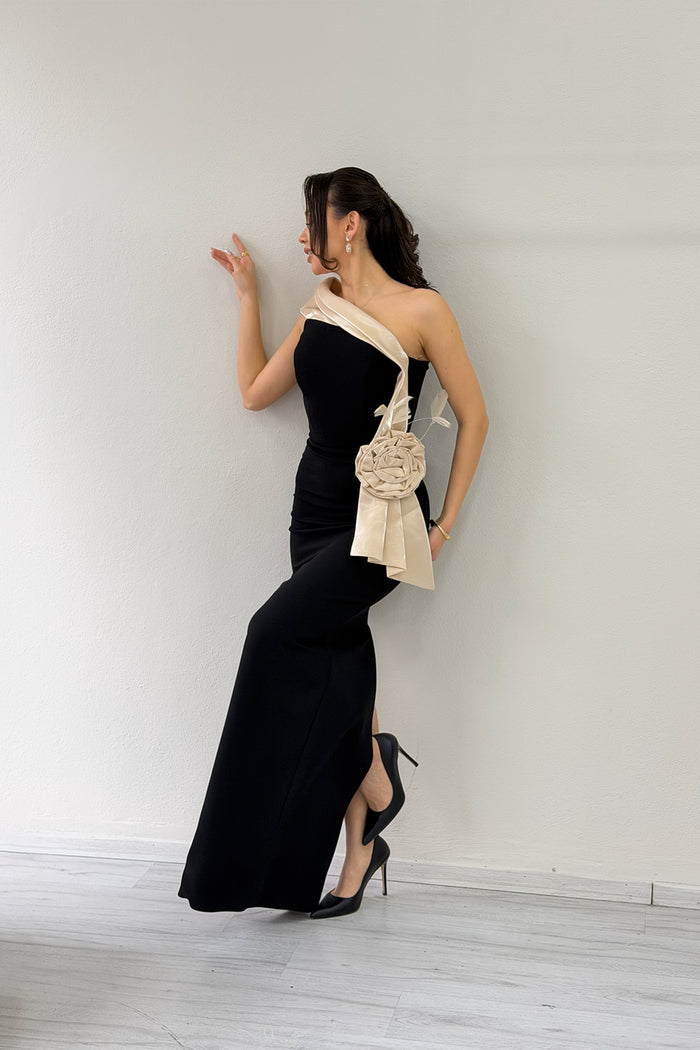 Kadın Tek Omuz Bej Şeritli Gül Detaylı Balık Abiye Elbise