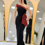 Kadın Tek Omuz Bordo Şeritli Gül Detaylı Balık Abiye Elbise