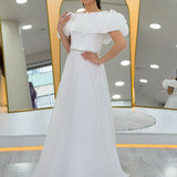 Beyaz Volan Yaka Taş Kemer Detay Tül Nikah Prenses Abiye