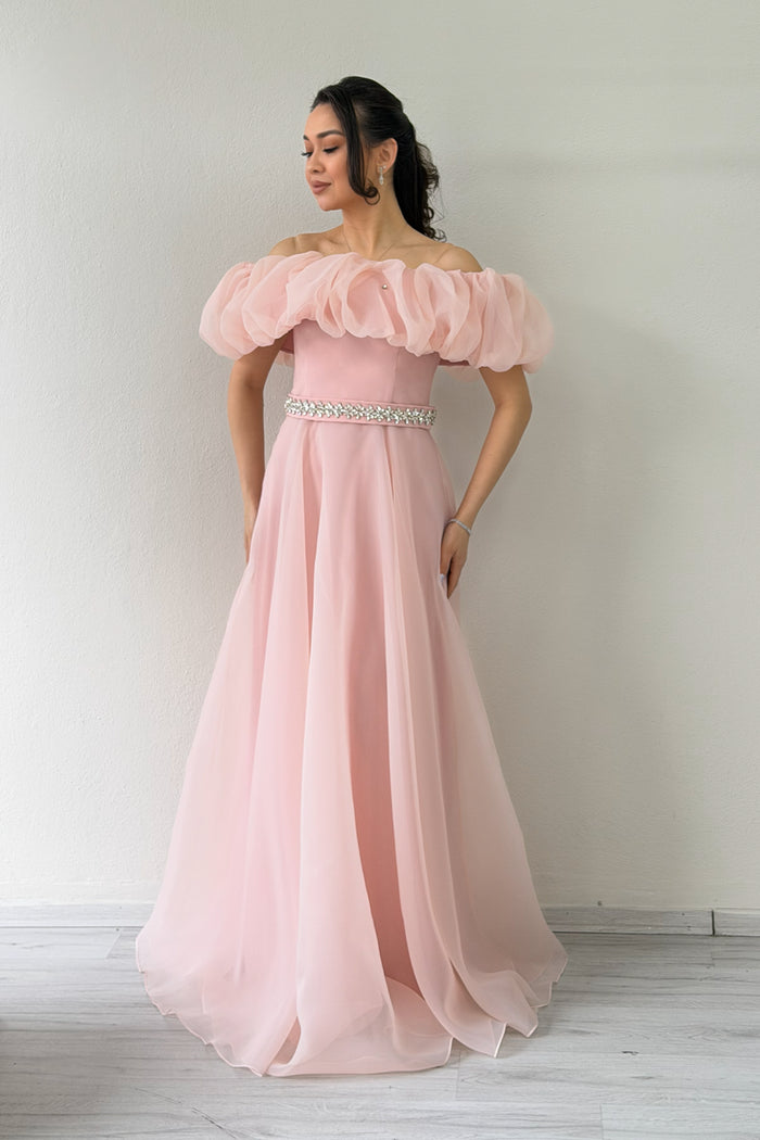 Pudra Volan Yaka Taş Kemerli Tül Prenses Abiye