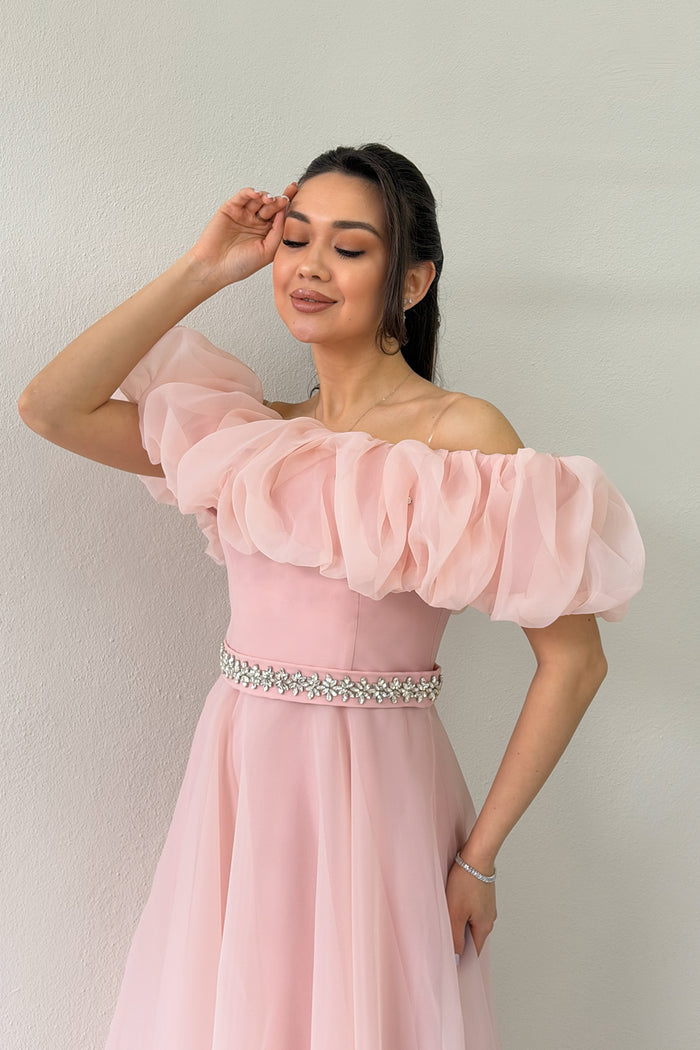 Pudra Volan Yaka Taş Kemerli Tül Prenses Abiye