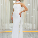 Beyaz Straplez Drapeli Fularlı Nikah Abiye Elbise