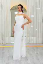 Beyaz Straplez Drapeli Fularlı Nikah Abiye