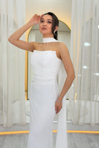 Beyaz Straplez Drapeli Fularlı Nikah Abiye