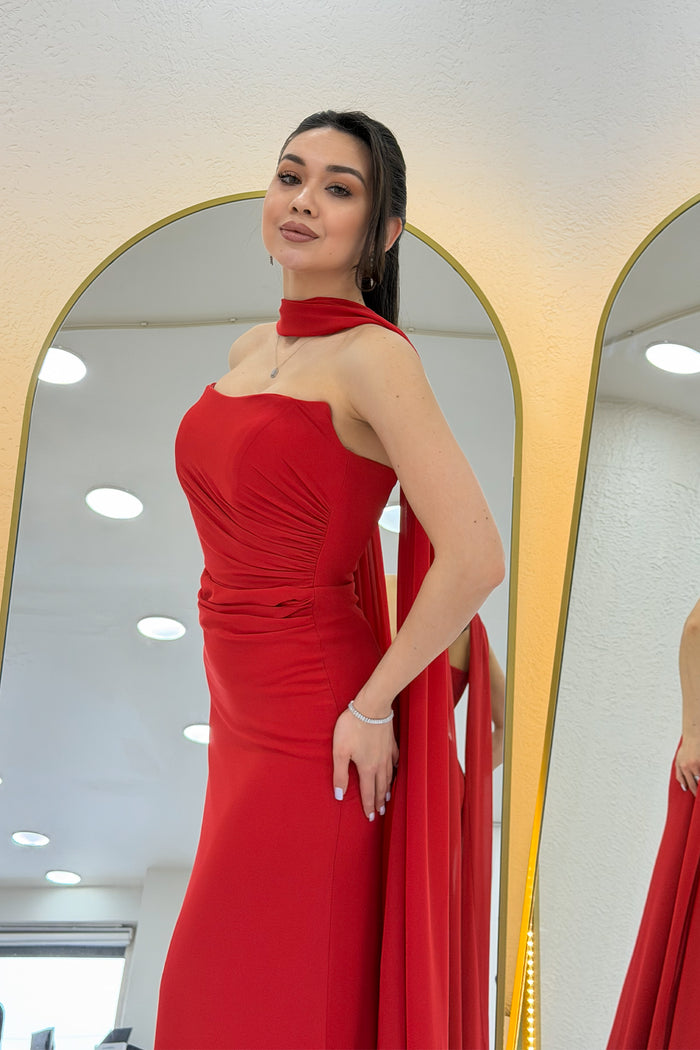 Kırmızı Straplez Drapeli Fularlı Nikah Abiye Elbise