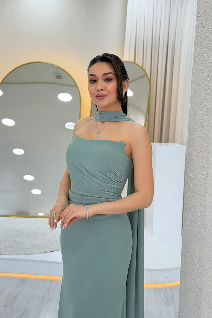 Su Yeşili Straplez Drapeli Fularlı Nikah Abiye Elbise
