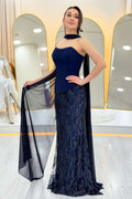 Lacivert Straplez Şal Detaylı İşlemeli Uzun Abiye Elbise