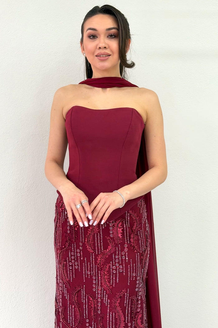 Bordo Straplez Şal Detaylı İşlemeli Uzun Abiye Elbise 