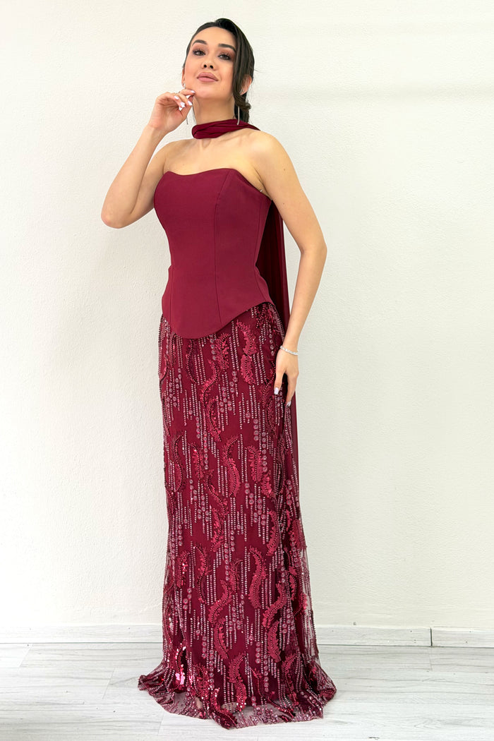 Bordo Straplez Şal Detaylı İşlemeli Uzun Abiye Elbise 