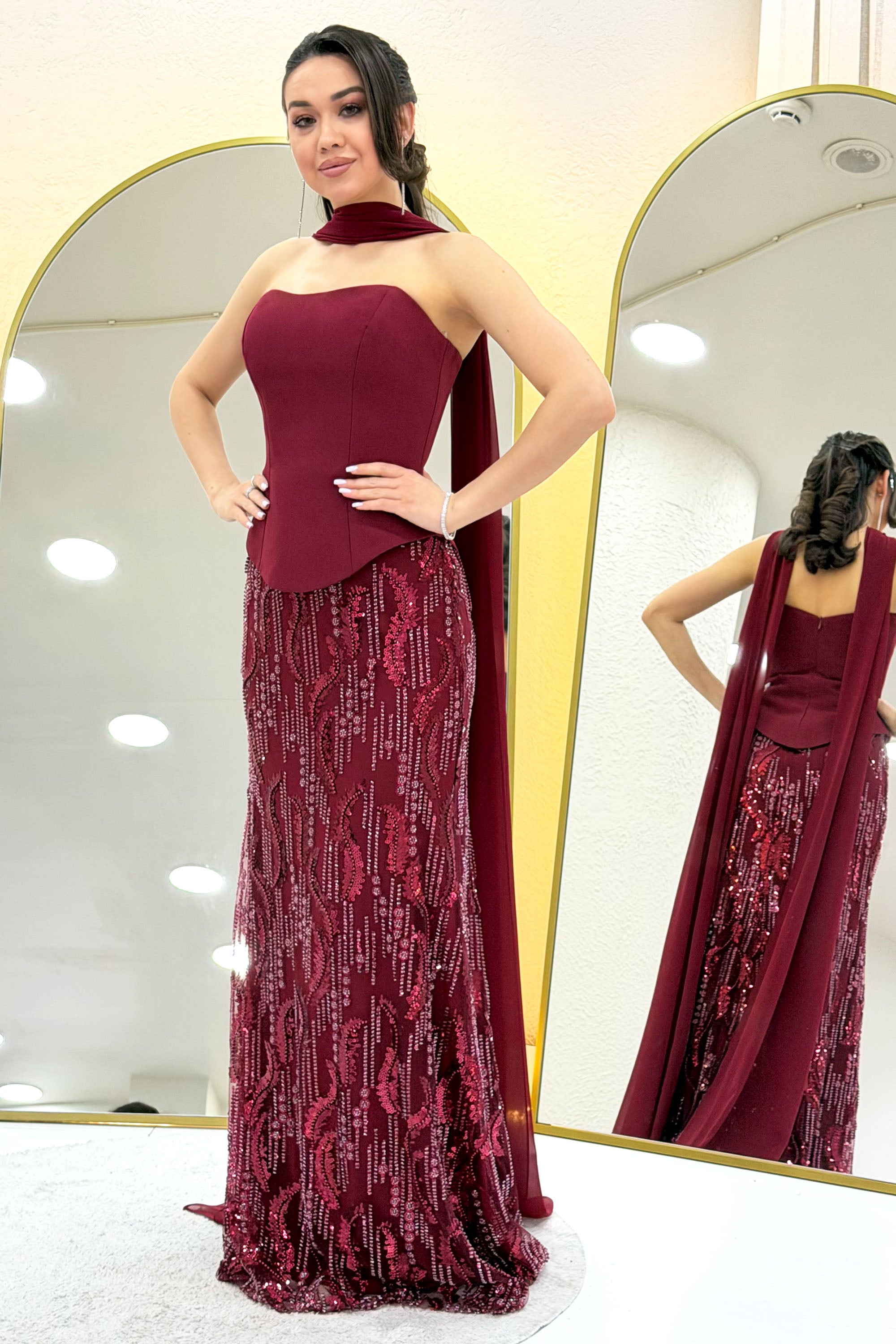 Bordo Straplez Şal Detaylı İşlemeli Uzun Abiye Elbise 