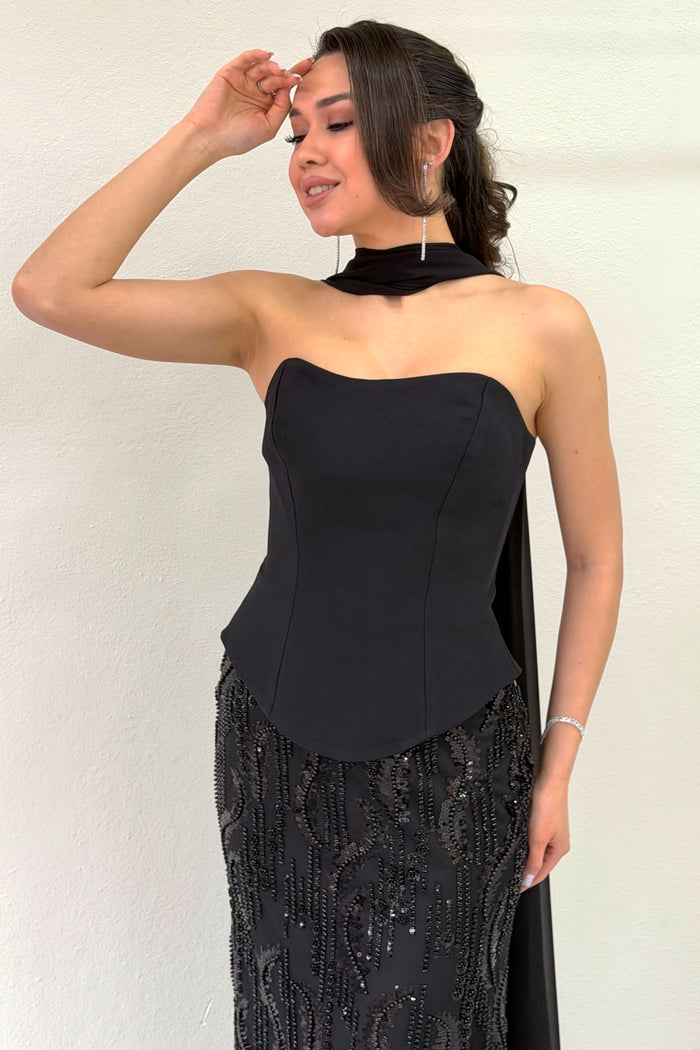 Siyah Straplez Şal Detaylı İşlemeli Uzun Abiye Elbise