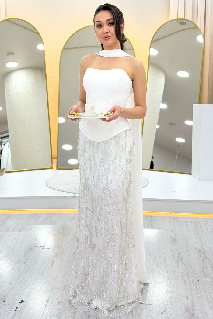 Beyaz Straplez Şal Detaylı İşlemeli Uzun Nikah Abiye Elbise 