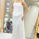 Beyaz Straplez Şal Detaylı İşlemeli Uzun Nikah Abiye Elbise