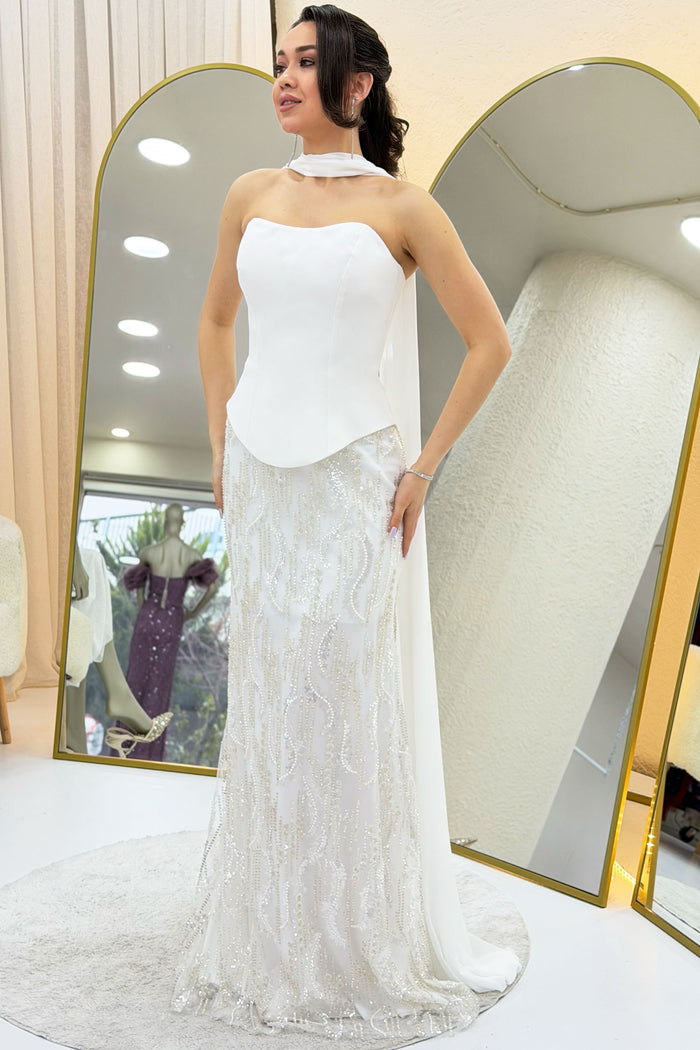 Beyaz Straplez Şal Detaylı İşlemeli Uzun Nikah Abiye Elbise 