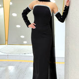 Siyah İncili Straplez Çıkarılabilir Kol Detaylı Uzun Abiye Elbise