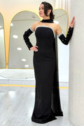 Siyah İncili Straplez Çıkarılabilir Kol Detaylı Uzun Abiye Elbise