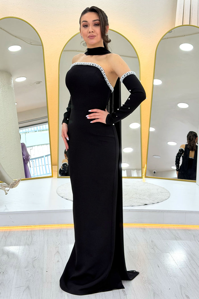 Siyah İncili Straplez Çıkarılabilir Kol Detaylı Uzun Abiye Elbise 