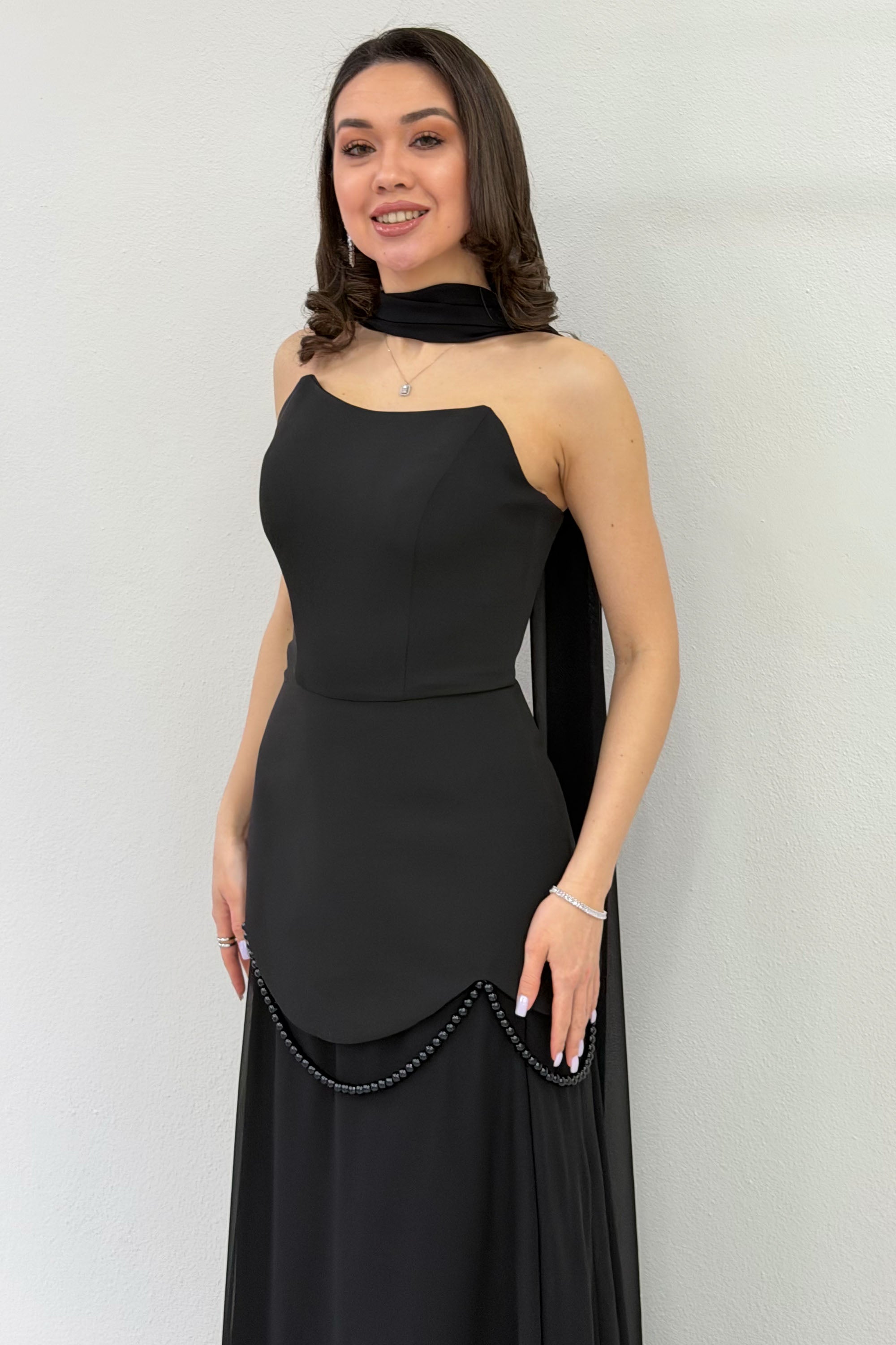 Siyah Şal Detaylı Korseli Eteği Şifon Tasarım Abiye Elbise 