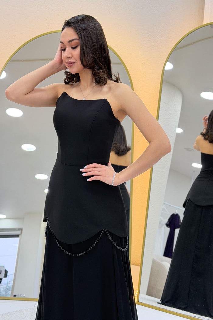 Siyah Şal Detaylı Korseli Eteği Şifon Tasarım Abiye Elbise 