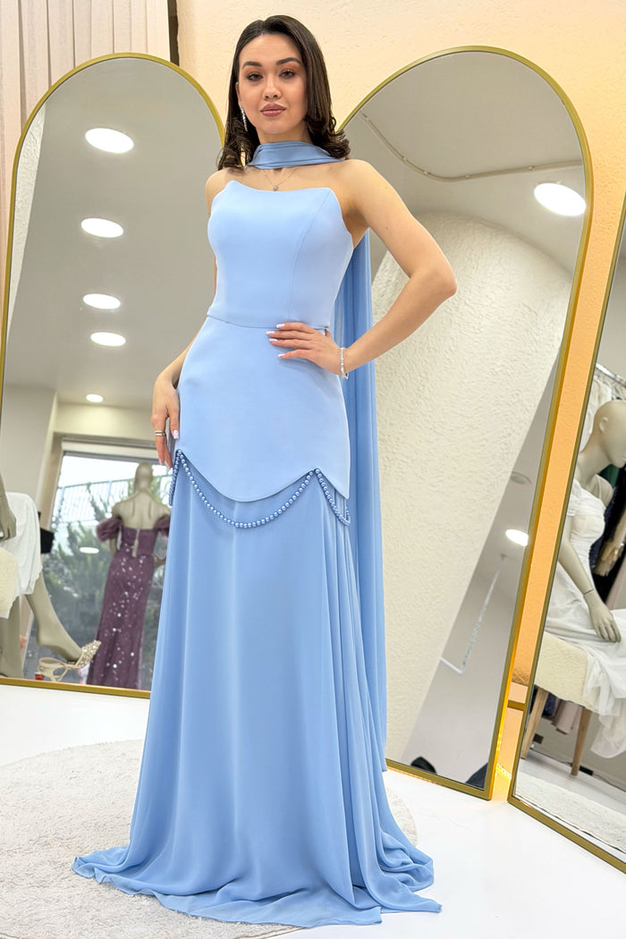 Bebe Mavi Şal Detaylı Korseli Eteği Şifon Abiye Elbise 