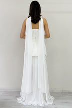 Beyaz Şal Detaylı Korseli Eteği Şifon Tasarım Abiye Elbise 