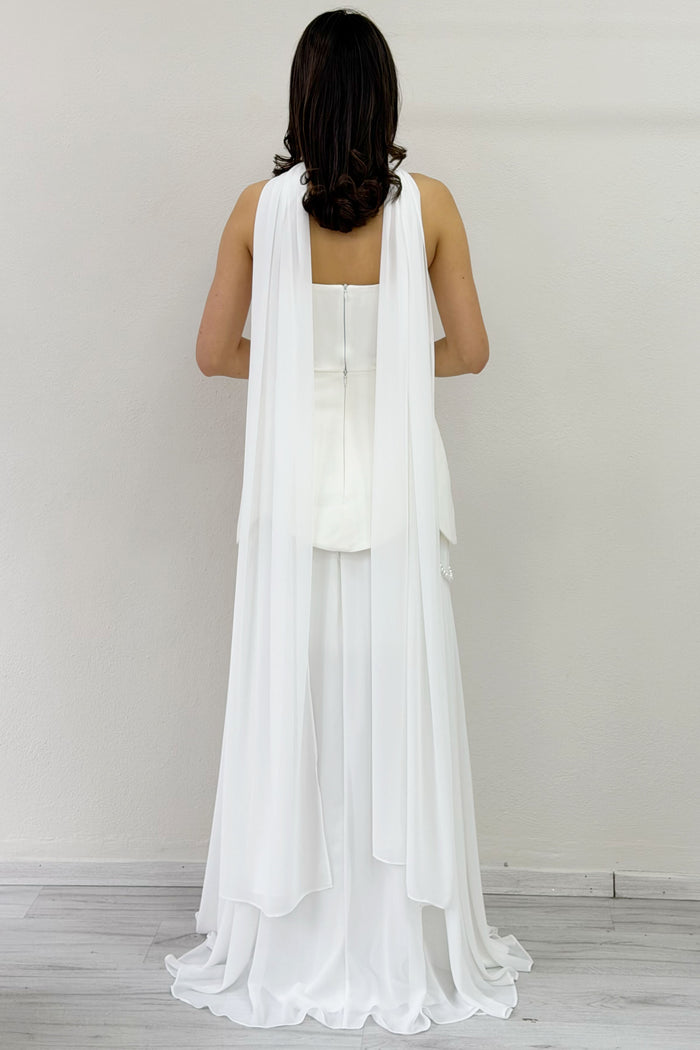 Beyaz Şal Detaylı Korseli Eteği Şifon Tasarım Abiye Elbise 