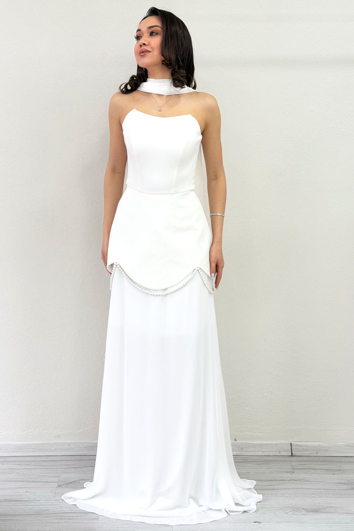 Beyaz Şal Detaylı Korseli Eteği Şifon Tasarım Abiye Elbise 