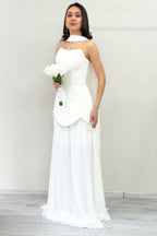 Beyaz Şal Detaylı Korseli Eteği Şifon Tasarım Abiye Elbise 