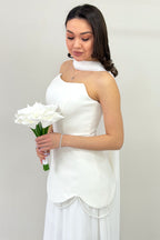 Beyaz Şal Detaylı Korseli Eteği Şifon Tasarım Abiye Elbise 