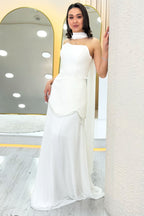 Beyaz Şal Detaylı Korseli Eteği Şifon Tasarım Abiye Elbise 