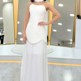 Beyaz Şal Detaylı Korseli Eteği Şifon Tasarım Nikah Abiye Elbise