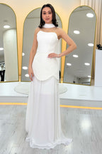 Beyaz Şal Detaylı Korseli Eteği Şifon Tasarım Abiye Elbise 