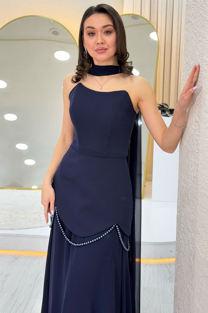 Lacivert Şal Detaylı Korseli Eteği Şifon Tasarım Abiye Elbise 