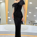 Siyah Fiyonk Yaka Detaylı Tek Omuz Pul Payet Abiye Elbise