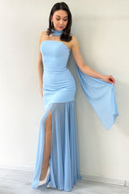 Bebe Mavi Şal Detaylı Straplez Tül Etek Asimetrik Abiye Elbise 