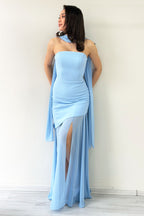 Bebe Mavi Şal Detaylı Straplez Tül Etek Asimetrik Abiye Elbise 