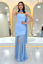 Bebe Mavi Şal Detaylı Straplez Tül Etek Asimetrik Abiye Elbise 