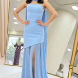 Bebe Mavi Şal Detaylı Straplez Tül Etek Asimetrik Abiye Elbise