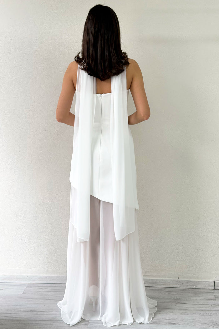 Beyaz Şal Detaylı Straplez Tül Etek Asimetrik Nikah Abiye Elbise 