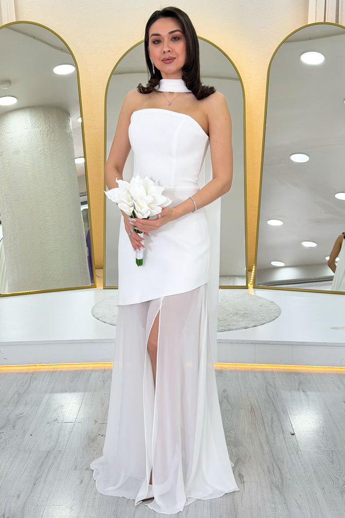 Beyaz Şal Detaylı Straplez Tül Etek Asimetrik Nikah Abiye Elbise 